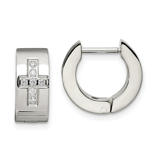 Stainless Steel Chisel Brushed And Polished With Cz Cross 6mm Hinged Hoop Earrings