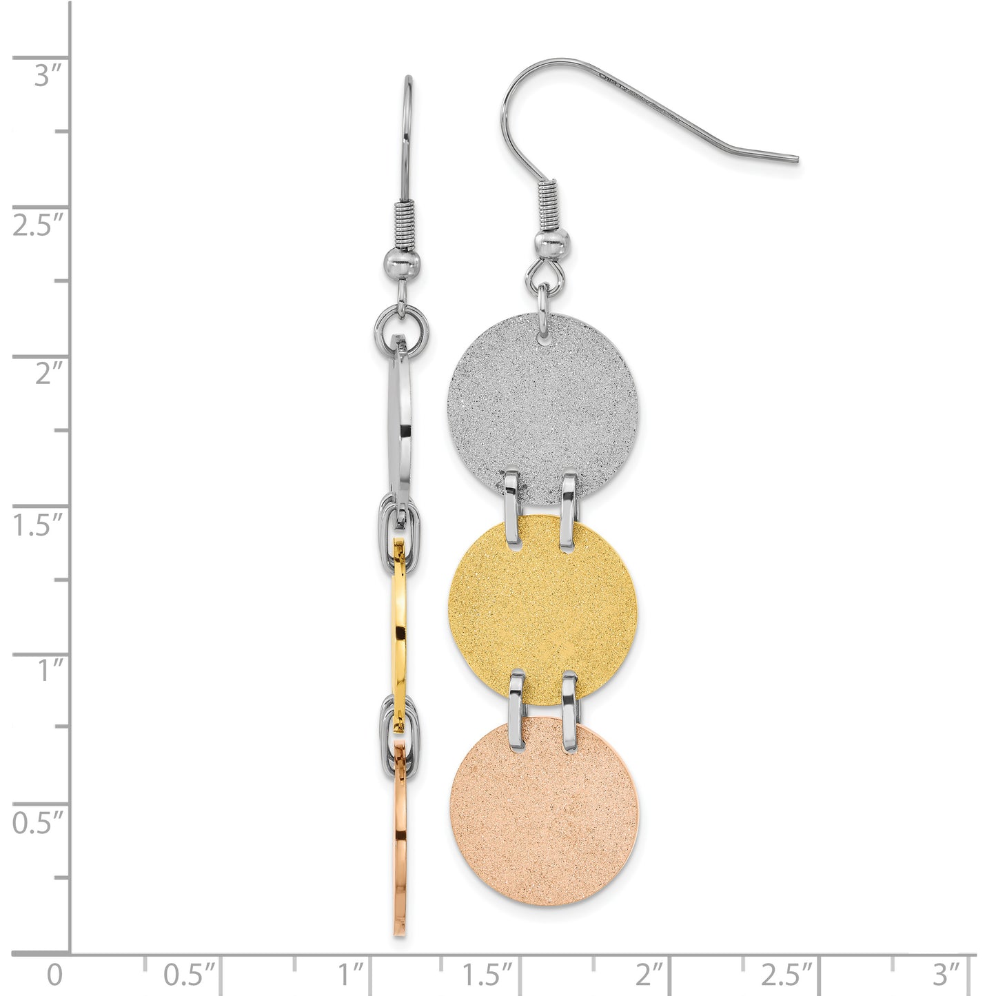 Stainless Steel Tri-Color Ip-Plated Laser Cut Discs Dangle Earrings