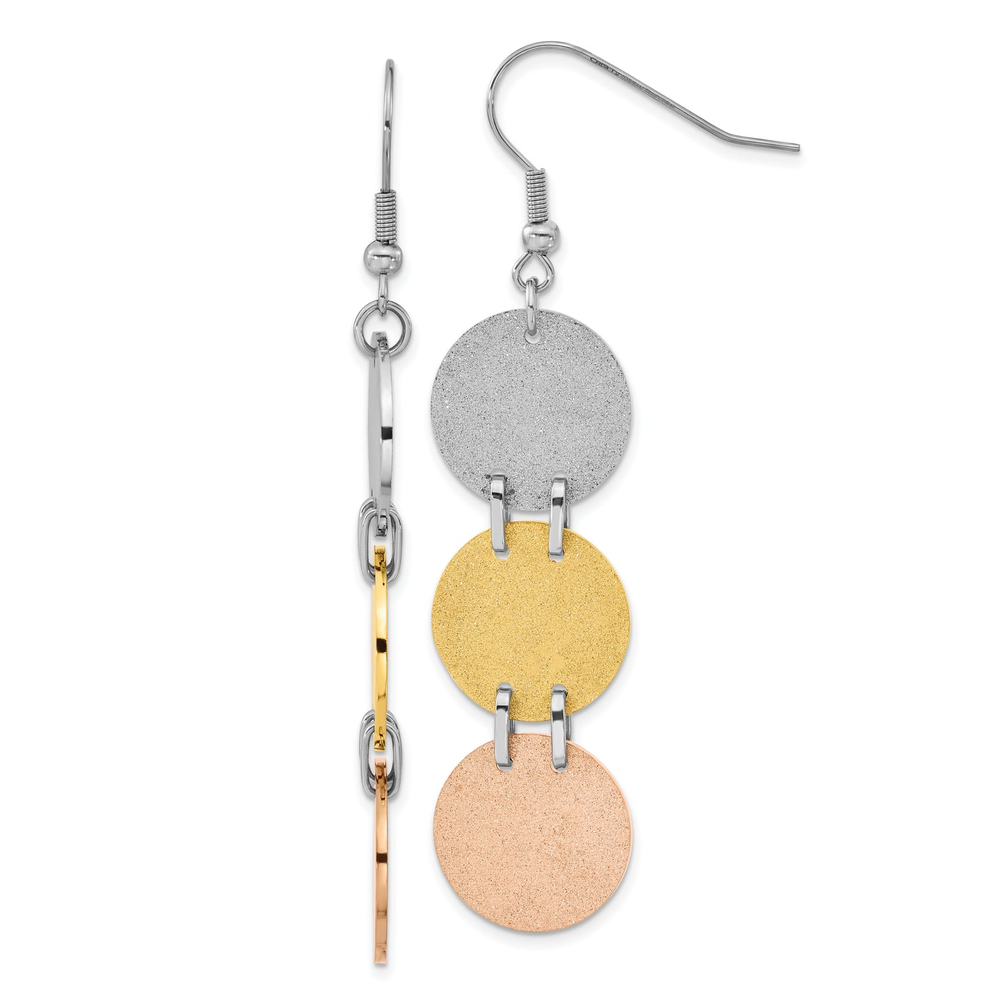 Stainless Steel Tri-Color Ip-Plated Laser Cut Discs Dangle Earrings