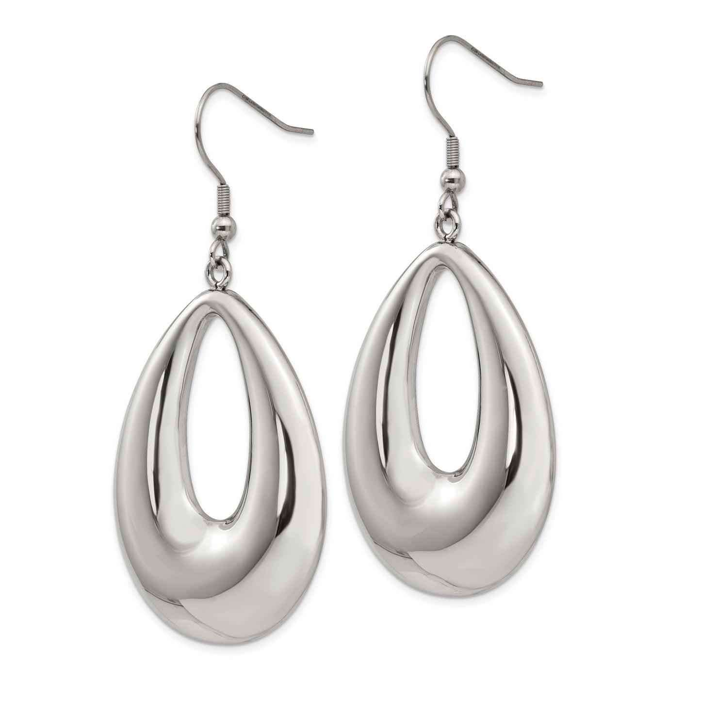 Stainless Steel Chisel Polished Hollow Teardrop Dangle Shepherd Hook Earrings