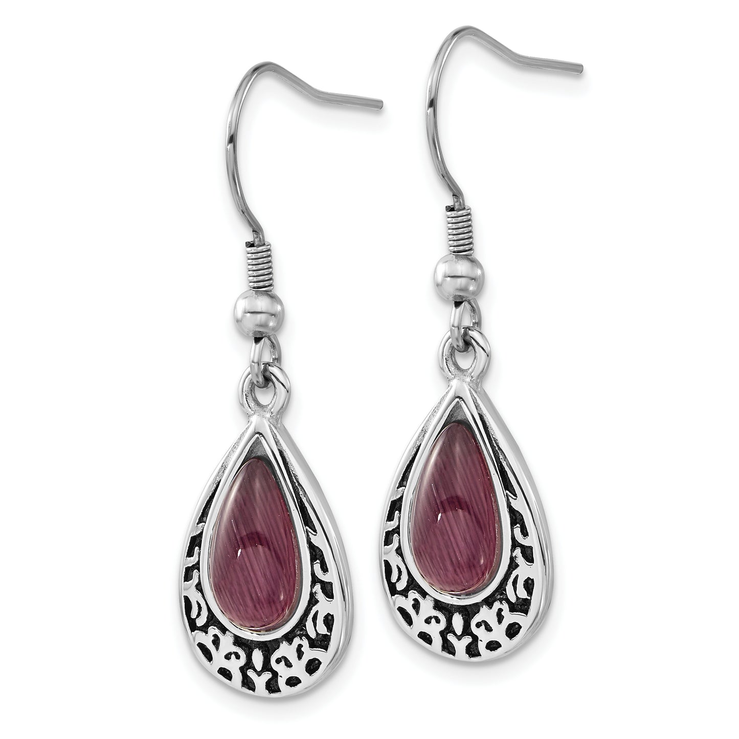 Stainless Steel Antiqued & Purple Cats Eye Teardrop Dangle Earrings