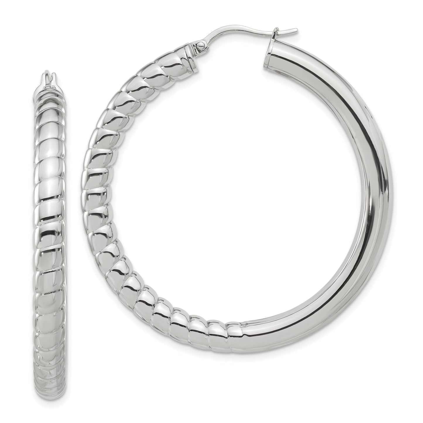 Stainless Steel Half Textured & Polished Hollow Round Hoop Earrings