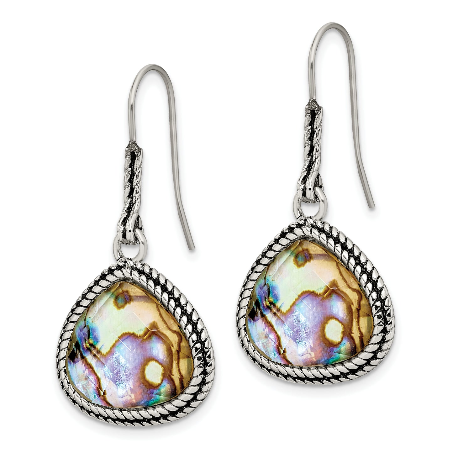 Stainless Steel Antiqued And Polished Imitation Abalone Dangle Earrings