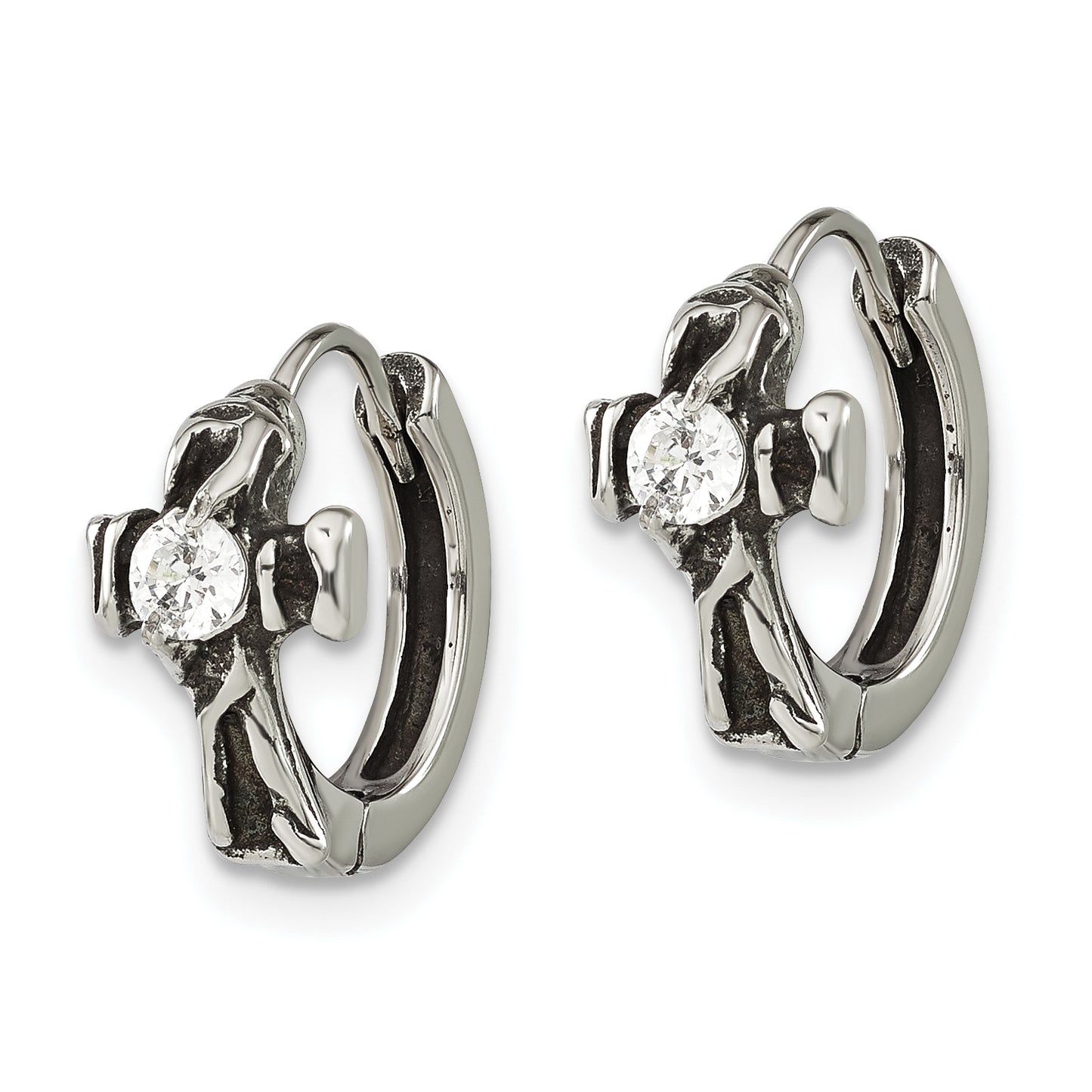 Stainless Steel Antiqued Polished W/ Cz Cross Hinged Hoop Earrings