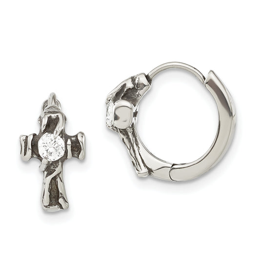 Stainless Steel Antiqued Polished W/ Cz Cross Hinged Hoop Earrings