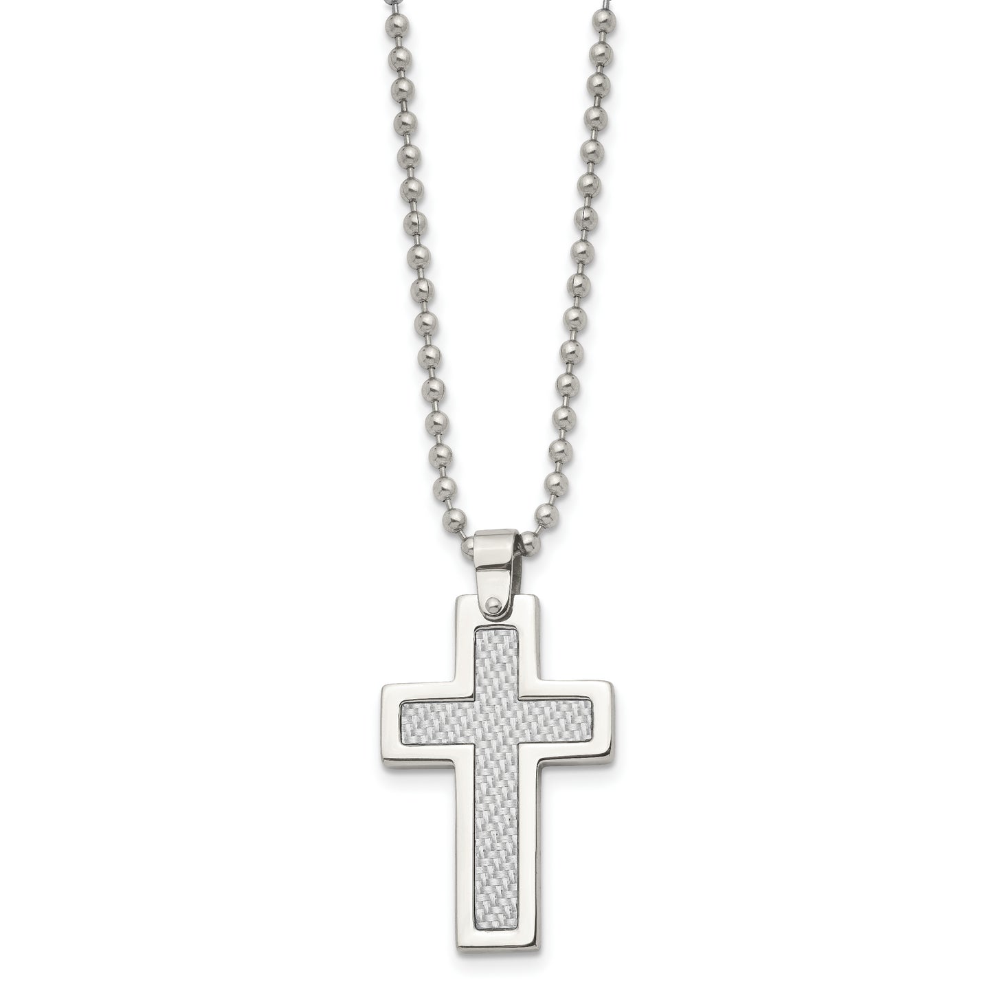 Stainless Steel Chisel Polished With Grey Carbon Fiber Inlay Cross Pendant On A 22 Inch Ball Chain Necklace