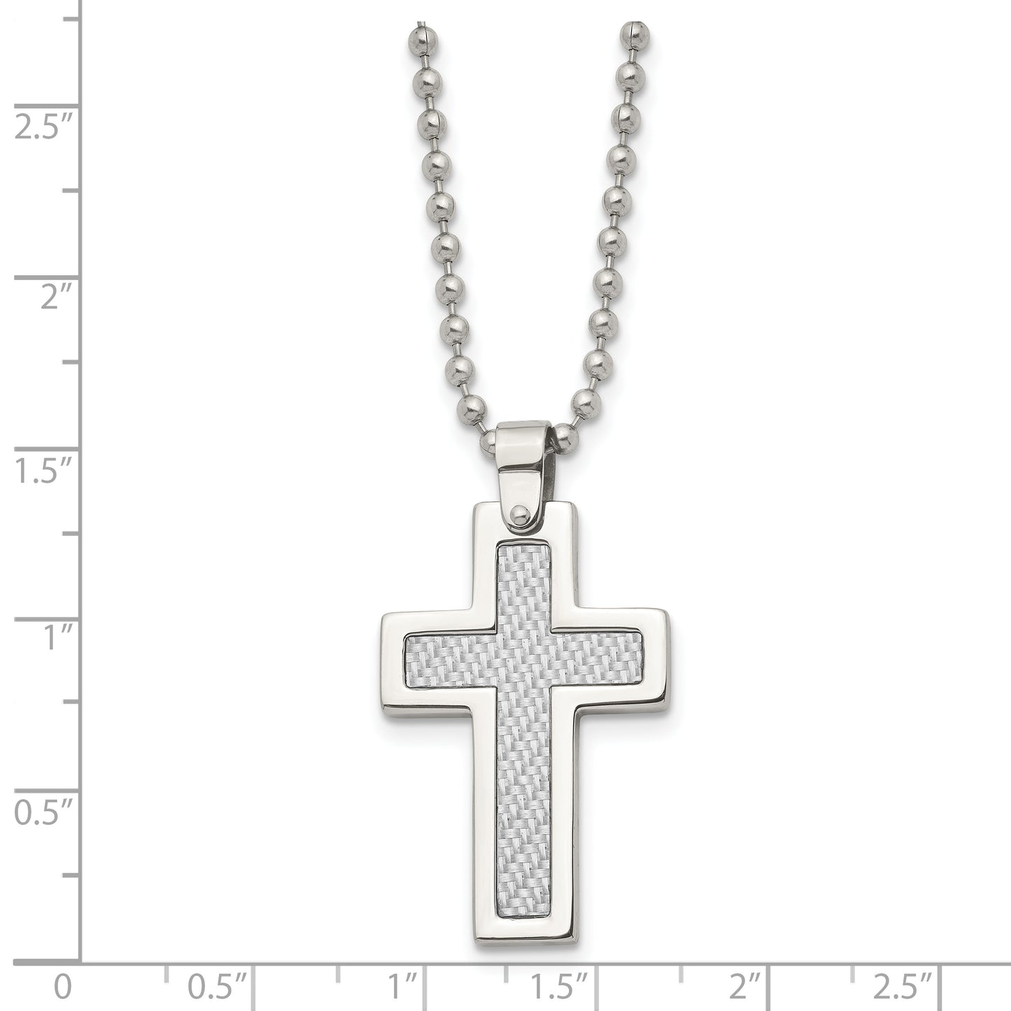 Stainless Steel Chisel Polished With Grey Carbon Fiber Inlay Cross Pendant On A 22 Inch Ball Chain Necklace