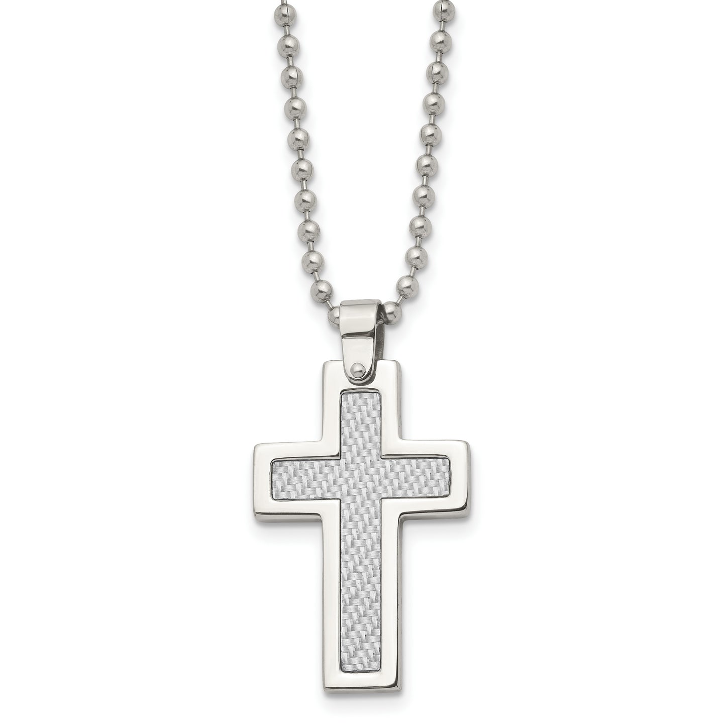 Stainless Steel Chisel Polished With Grey Carbon Fiber Inlay Cross Pendant On A 22 Inch Ball Chain Necklace