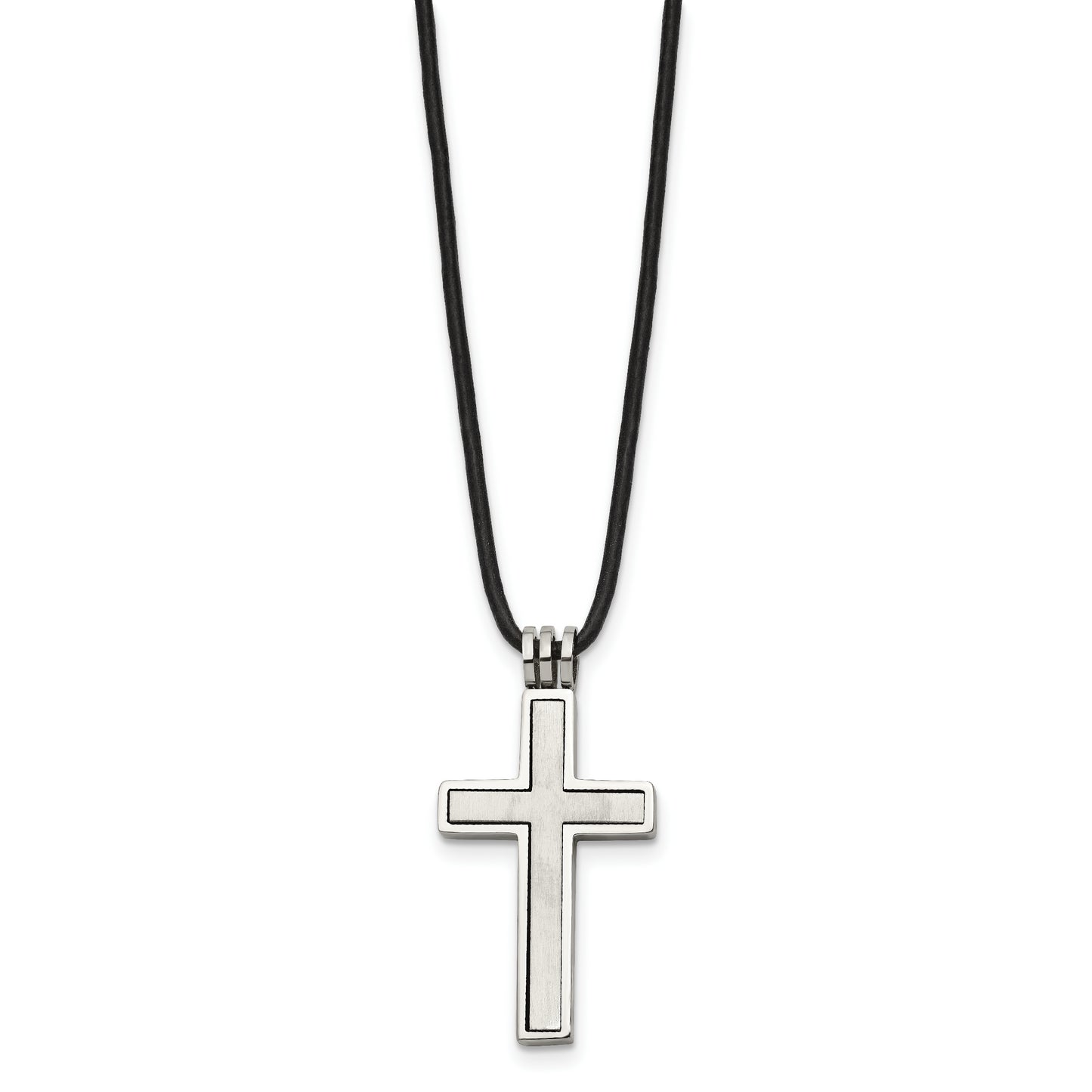 Stainless Steel Chisel Brushed And Polished 2 Piece Movable Cross Pendant On An 18 Inch Leather Cord Necklace