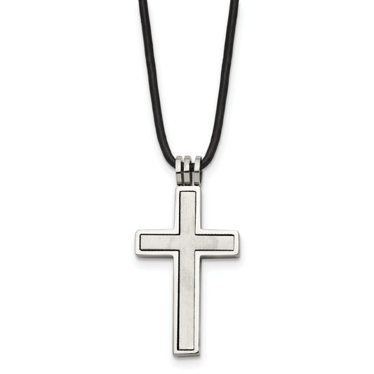 Stainless Steel Chisel Brushed And Polished 2 Piece Movable Cross Pendant On An 18 Inch Leather Cord Necklace