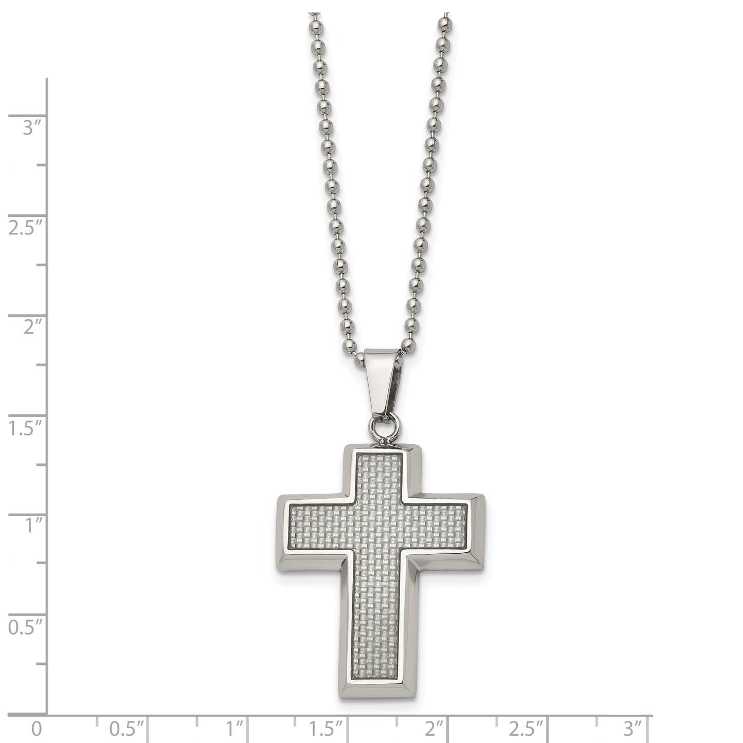 Stainless Steel Chisel Polished With Grey Carbon Fiber Inlay Cross Pendant On A 22 Inch Ball Chain Necklace