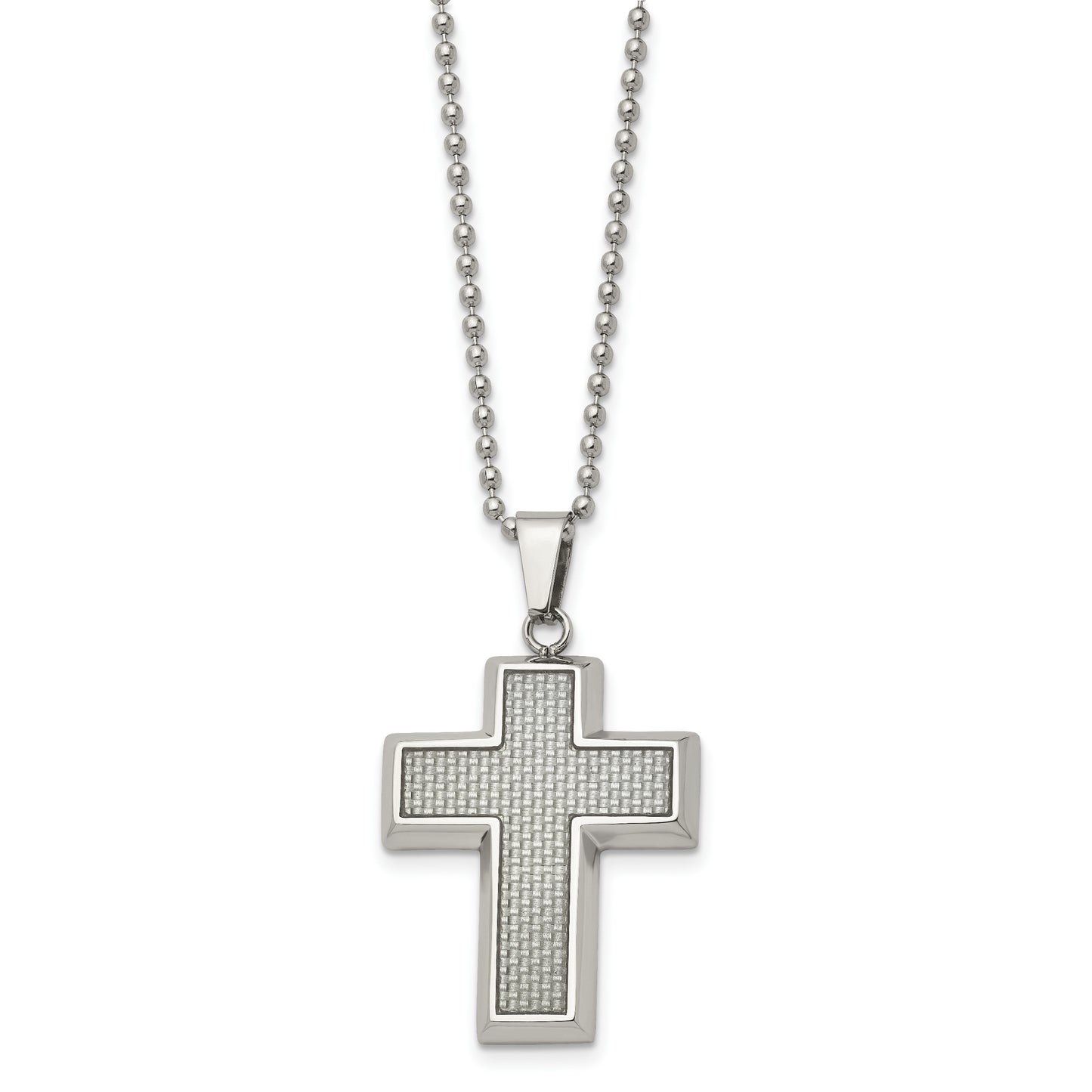 Stainless Steel Chisel Polished With Grey Carbon Fiber Inlay Cross Pendant On A 22 Inch Ball Chain Necklace