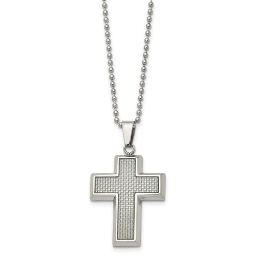 Stainless Steel Chisel Polished With Grey Carbon Fiber Inlay Cross Pendant On A 22 Inch Ball Chain Necklace