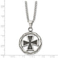 Stainless Steel Chisel Antiqued And Polished Cross In Circle Pendant On A 22 Inch Curb Chain Necklace