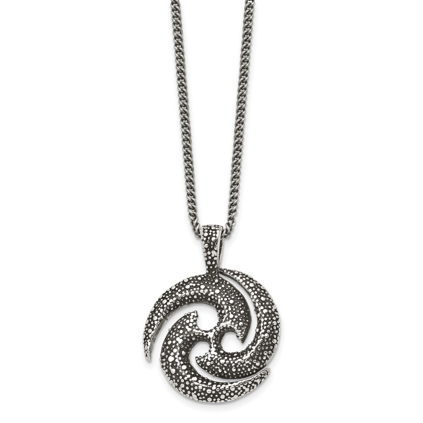 Stainless Steel Chisel Antiqued And Textured Spiral Pendant On A 22 Inch Curb Chain Necklace