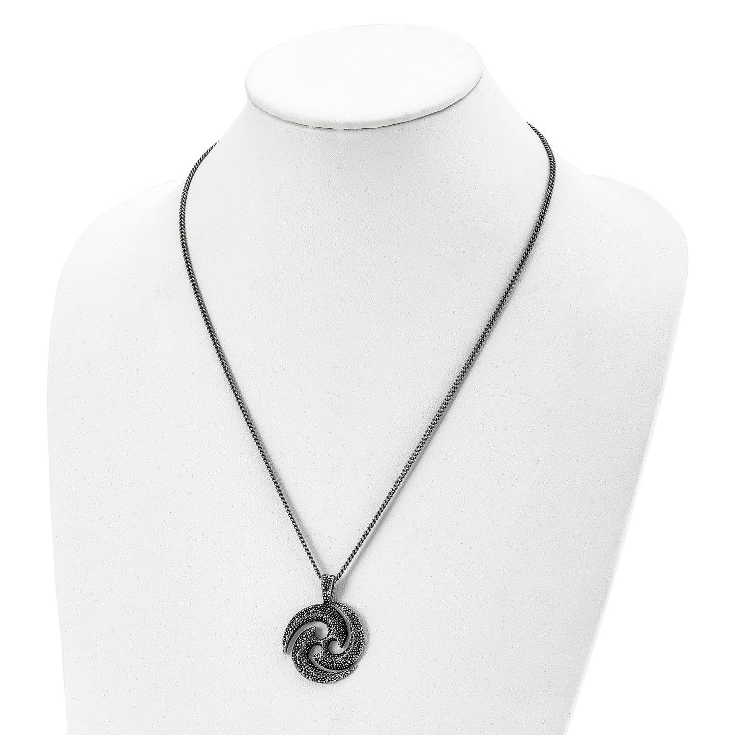 Stainless Steel Chisel Antiqued And Textured Spiral Pendant On A 22 Inch Curb Chain Necklace