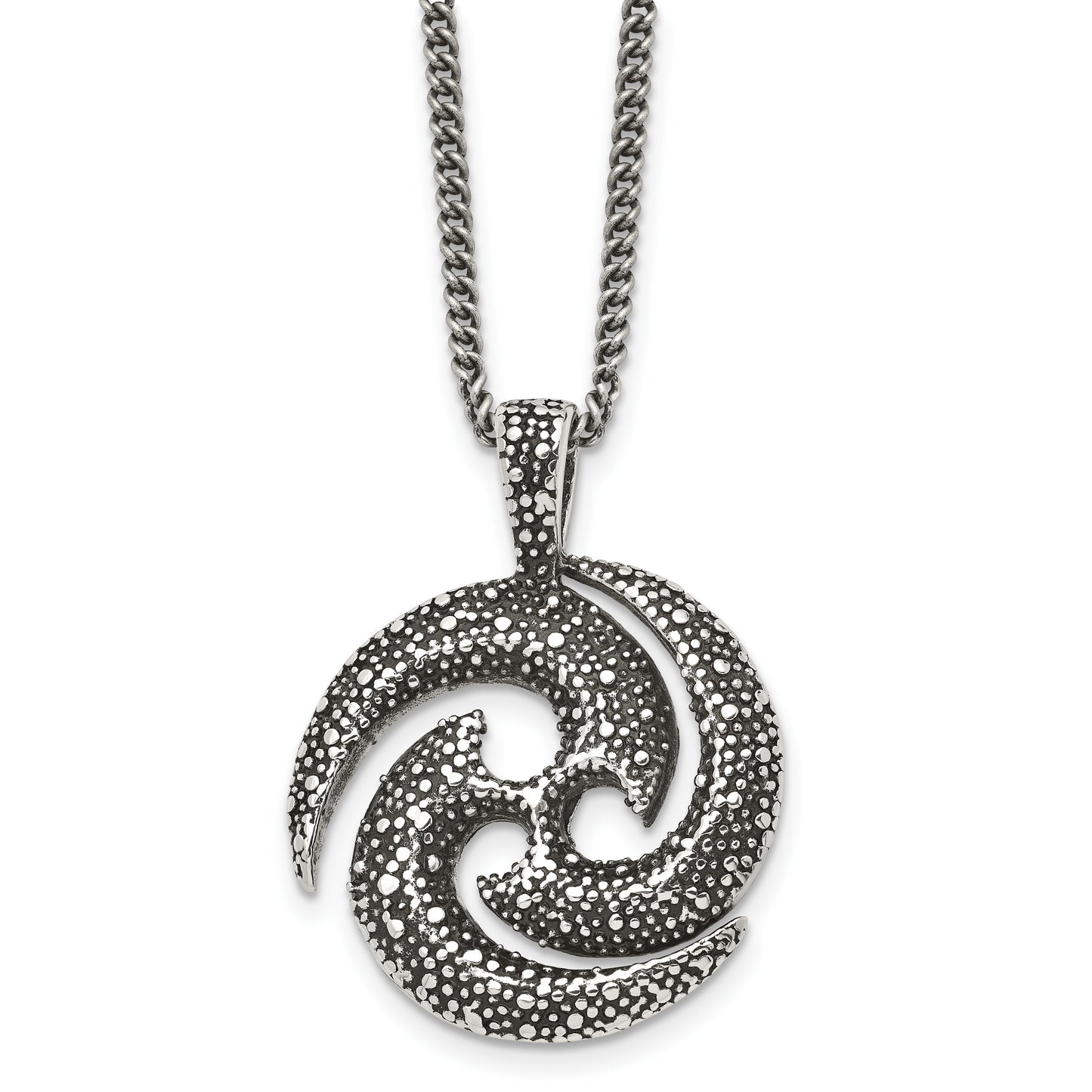 Stainless Steel Chisel Antiqued And Textured Spiral Pendant On A 22 Inch Curb Chain Necklace