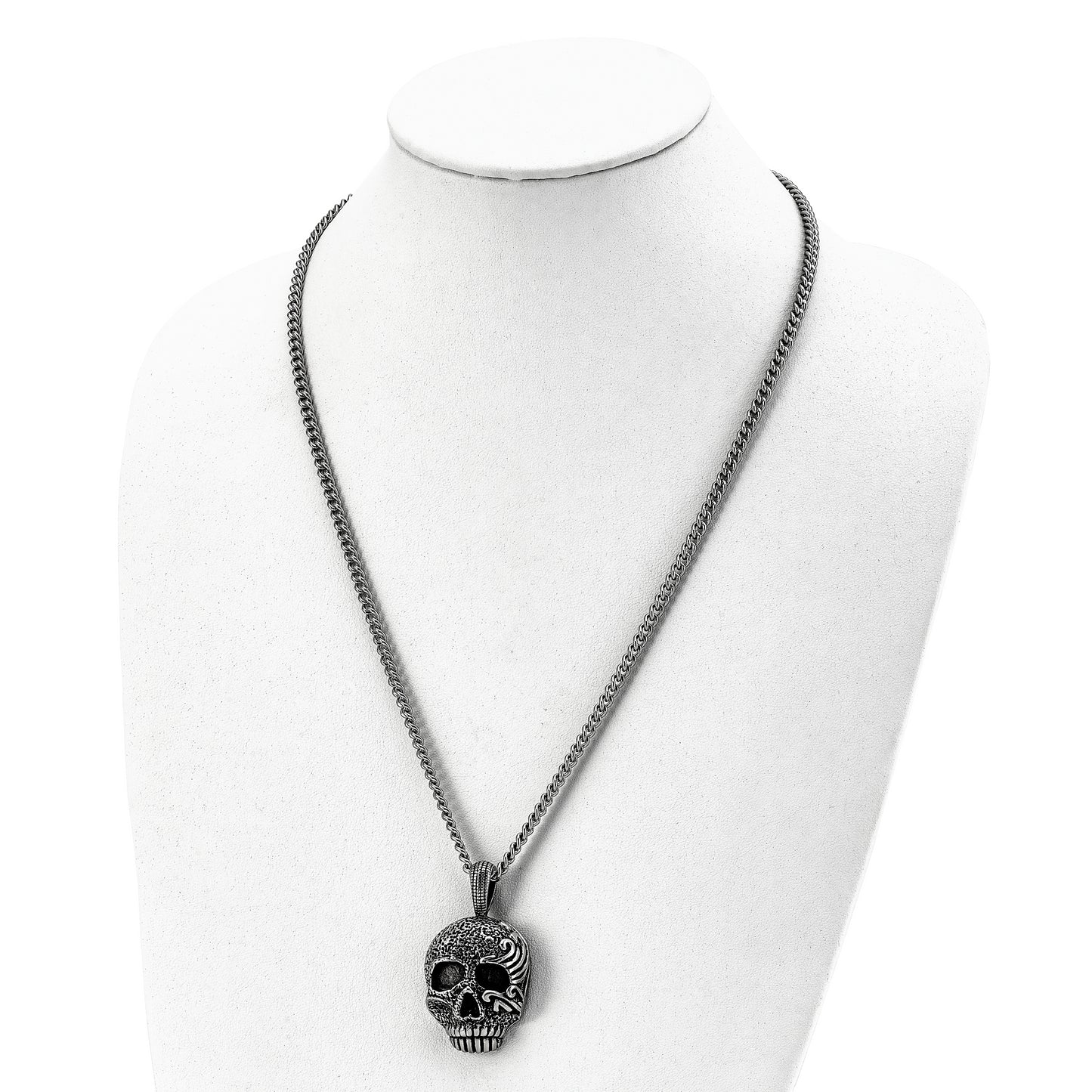 Stainless Steel Chisel Antiqued And Textured Skull Pendant On A 24 Inch Curb Chain Necklace