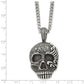 Stainless Steel Chisel Antiqued And Textured Skull Pendant On A 24 Inch Curb Chain Necklace