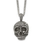 Stainless Steel Chisel Antiqued And Textured Skull Pendant On A 24 Inch Curb Chain Necklace