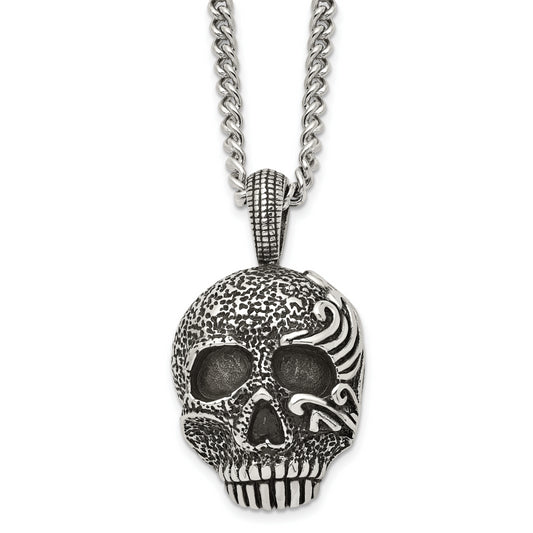 Stainless Steel Chisel Antiqued And Textured Skull Pendant On A 24 Inch Curb Chain Necklace