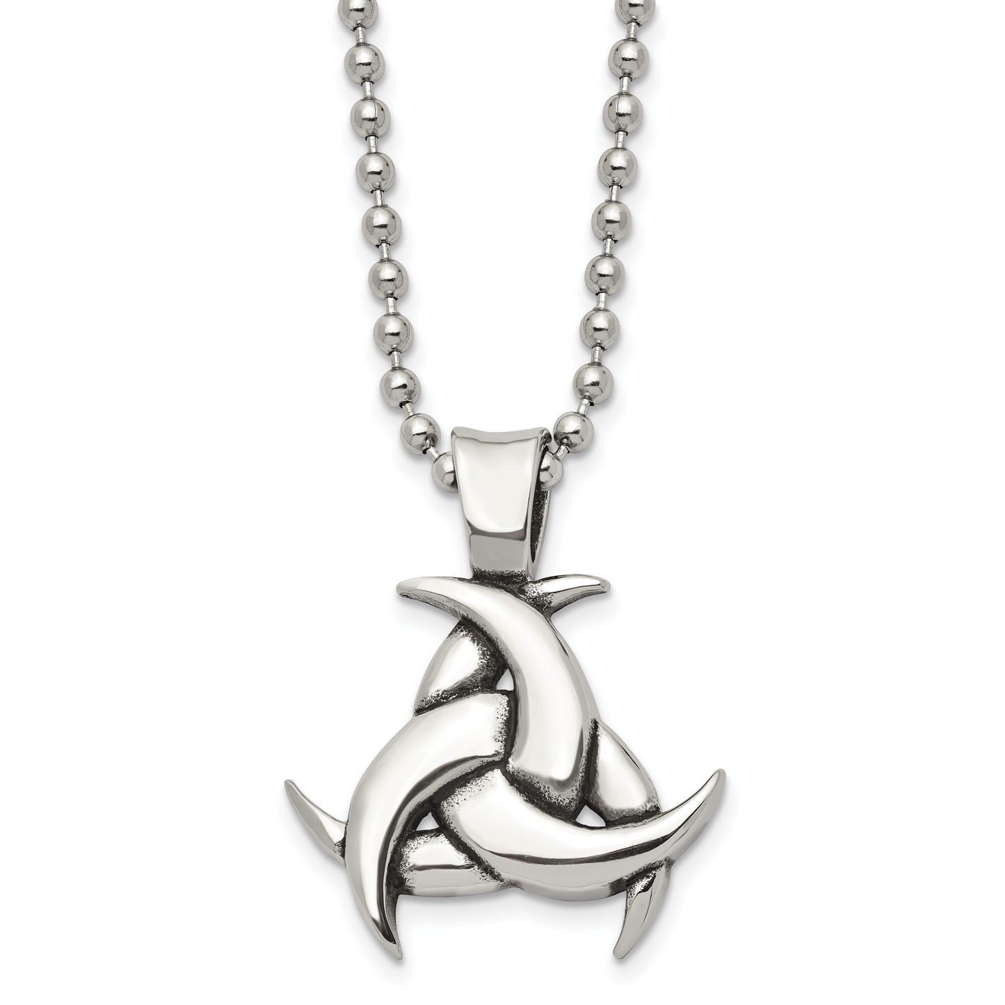 Stainless Steel Chisel Antiqued And Polished Celtic Knot Pendant On A 22 Inch Ball Chain Necklace