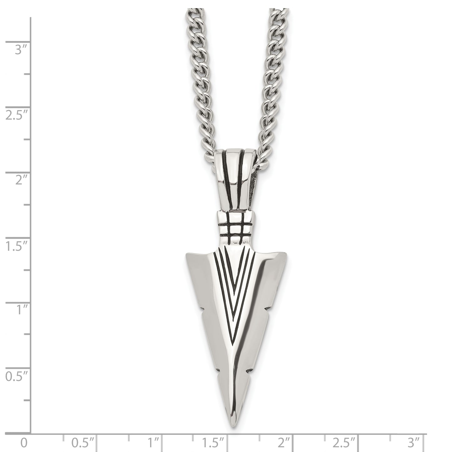 Stainless Steel Chisel Antiqued And Polished Dagger Pendant On A 22 Inch Curb Chain Necklace