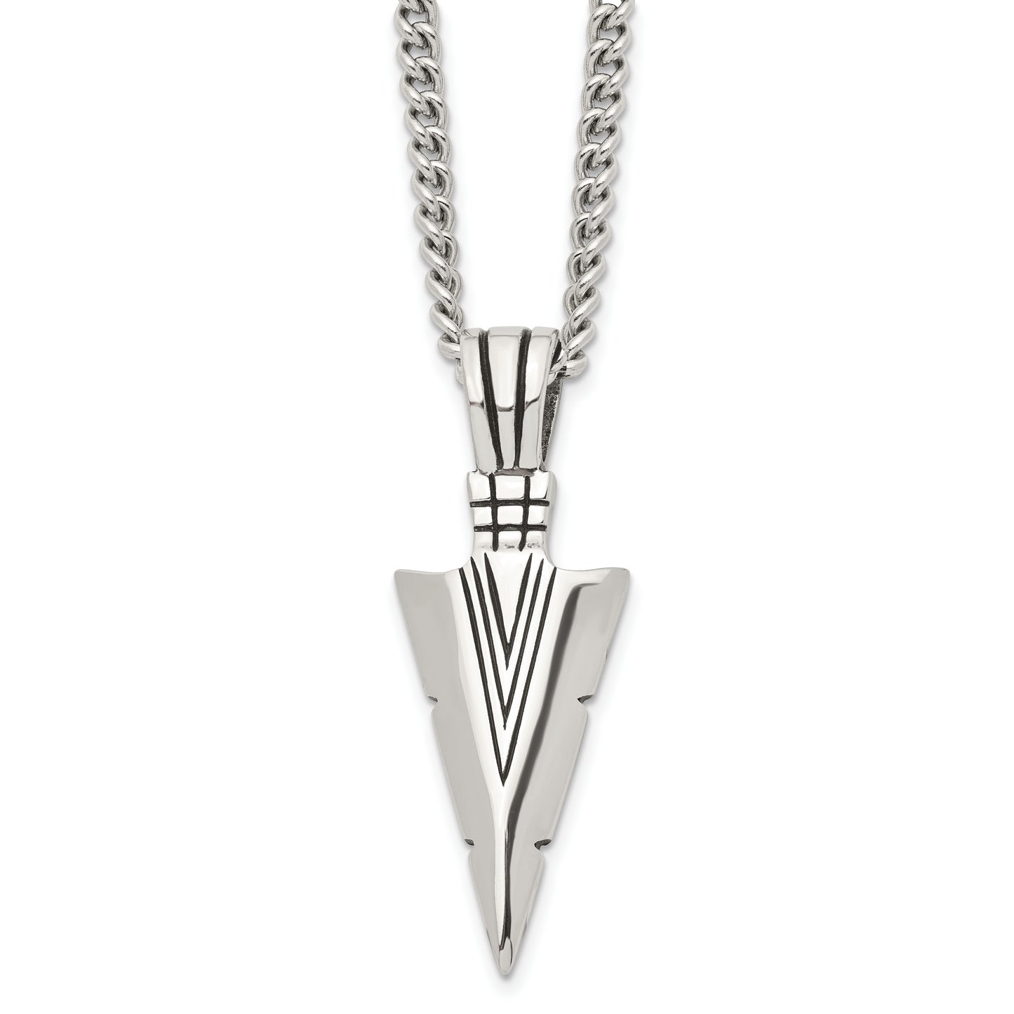 Stainless Steel Chisel Antiqued And Polished Dagger Pendant On A 22 Inch Curb Chain Necklace