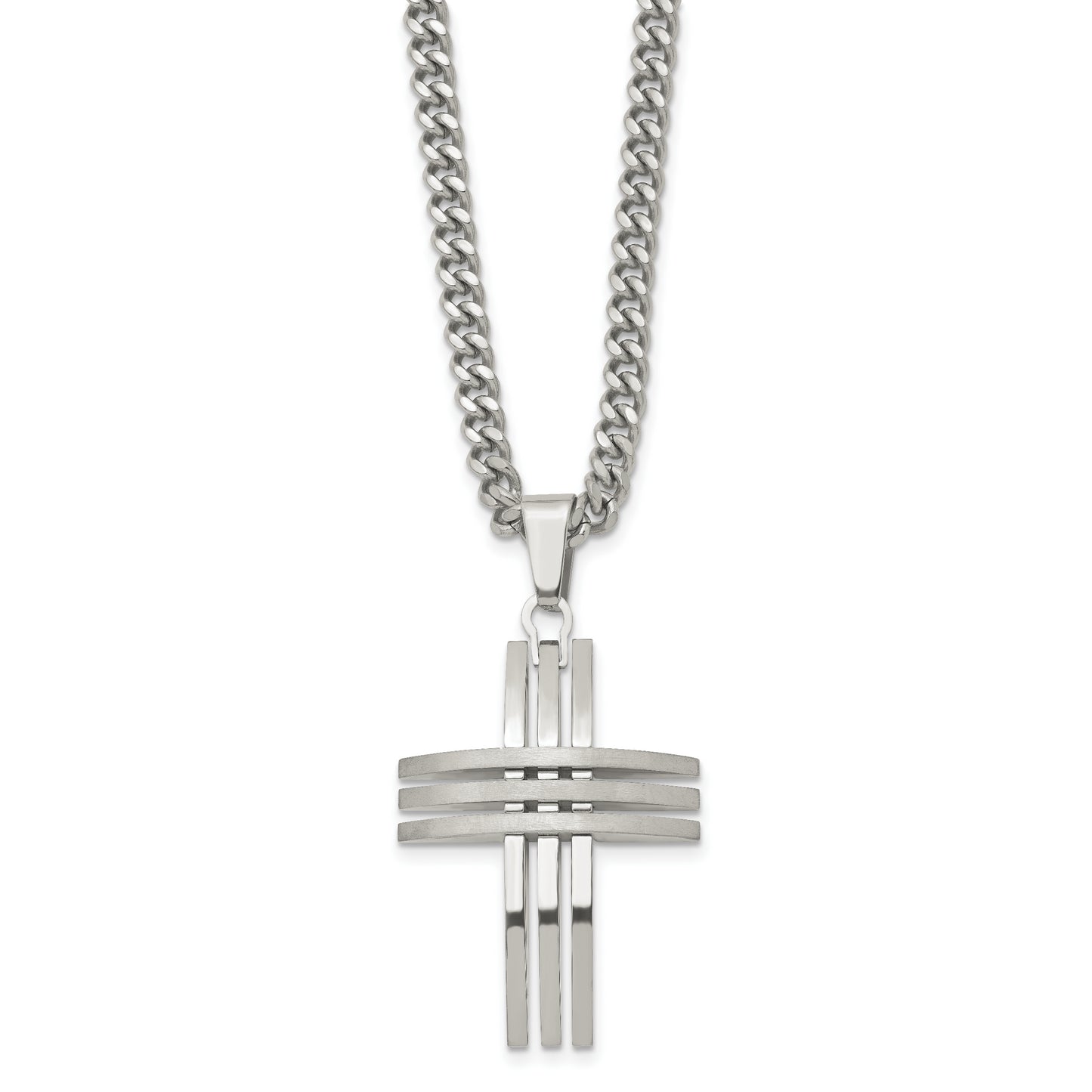 Stainless Steel Chisel Brushed And Polished Cross Pendant On A 24 Inch Curb Chain Necklace