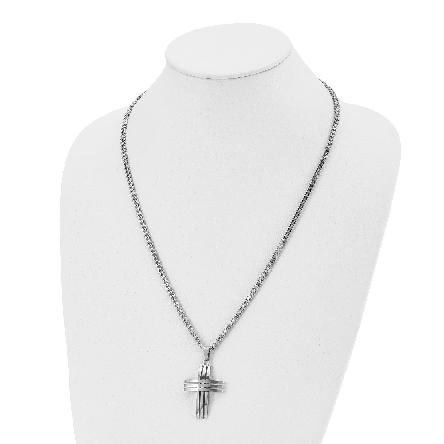 Stainless Steel Chisel Brushed And Polished Cross Pendant On A 24 Inch Curb Chain Necklace