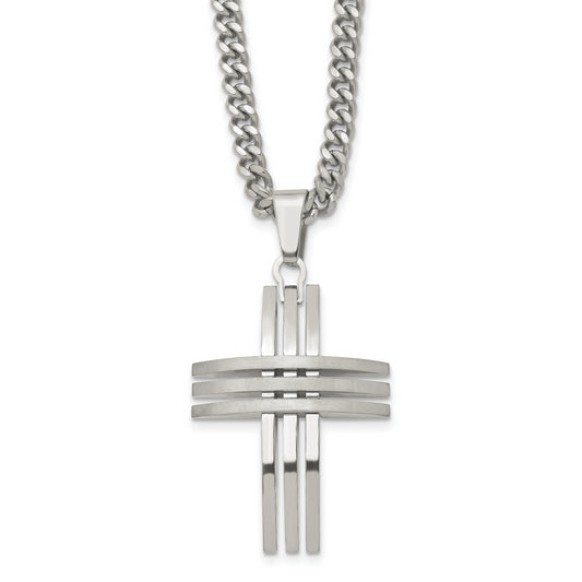 Stainless Steel Chisel Brushed And Polished Cross Pendant On A 24 Inch Curb Chain Necklace