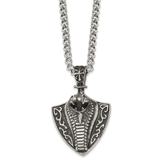 Stainless Steel Chisel Antiqued Polished And Textured Snake On Shield Pendant A 30 Inch Curb Chain Necklace