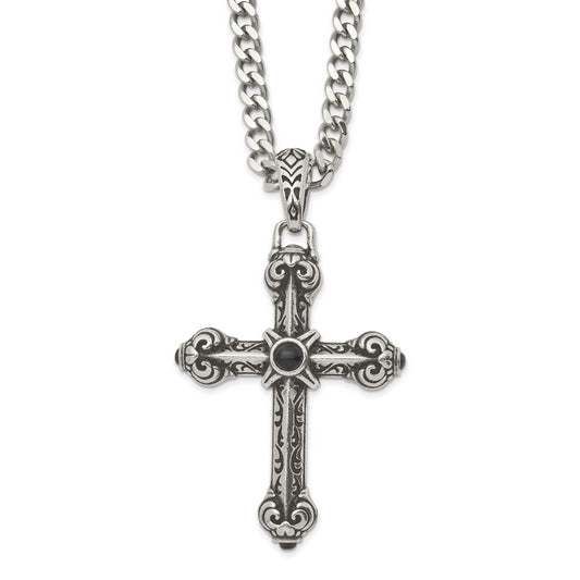 Stainless Steel Chisel Antiqued And Polished With Synthetic Black Agate Cross Pendant On A 24 Inch Curb Chain Necklace