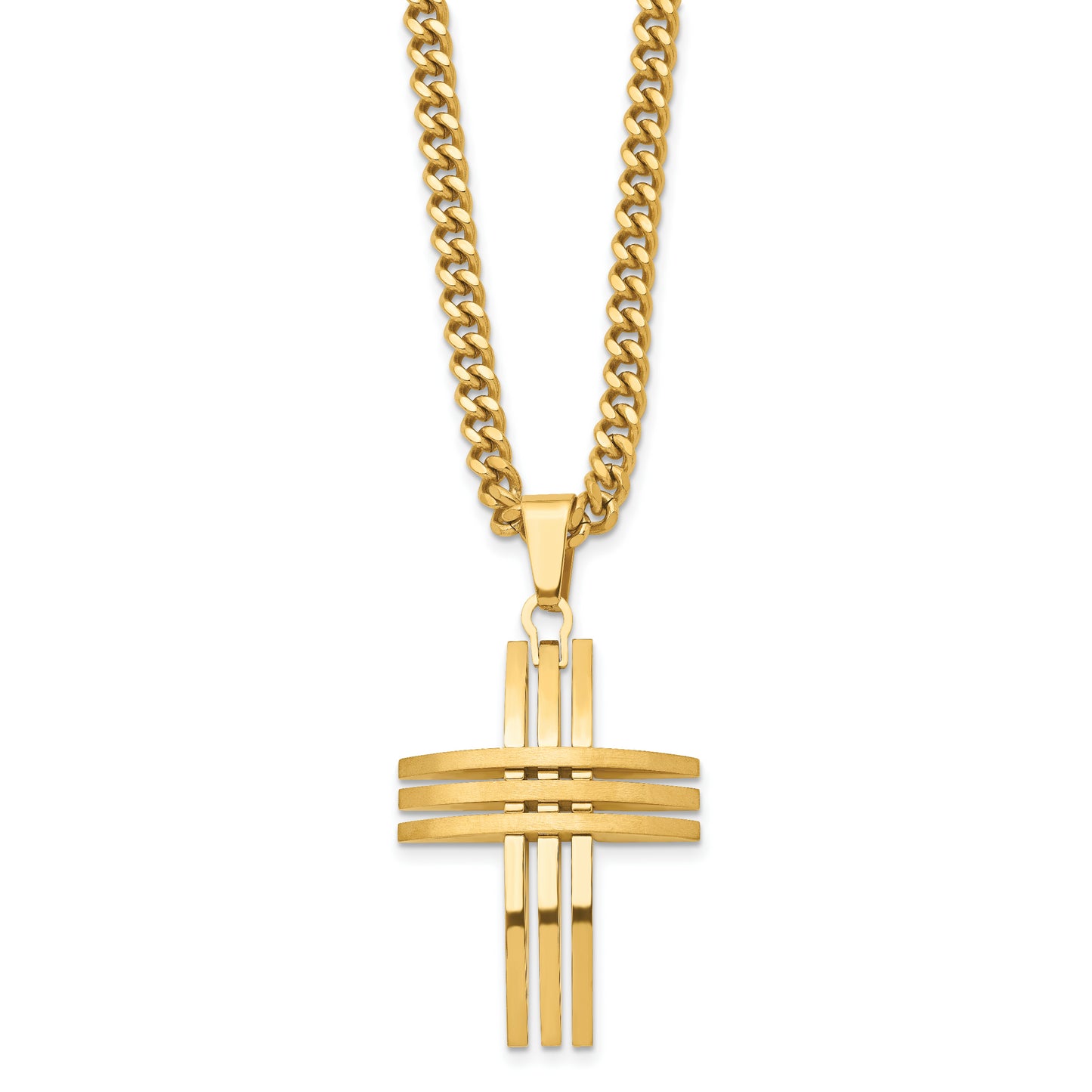 Stainless Steel Chisel Brushed And Polished Yellow Ip-Plated Cross Pendant On A 24 Inch Curb Chain Necklace