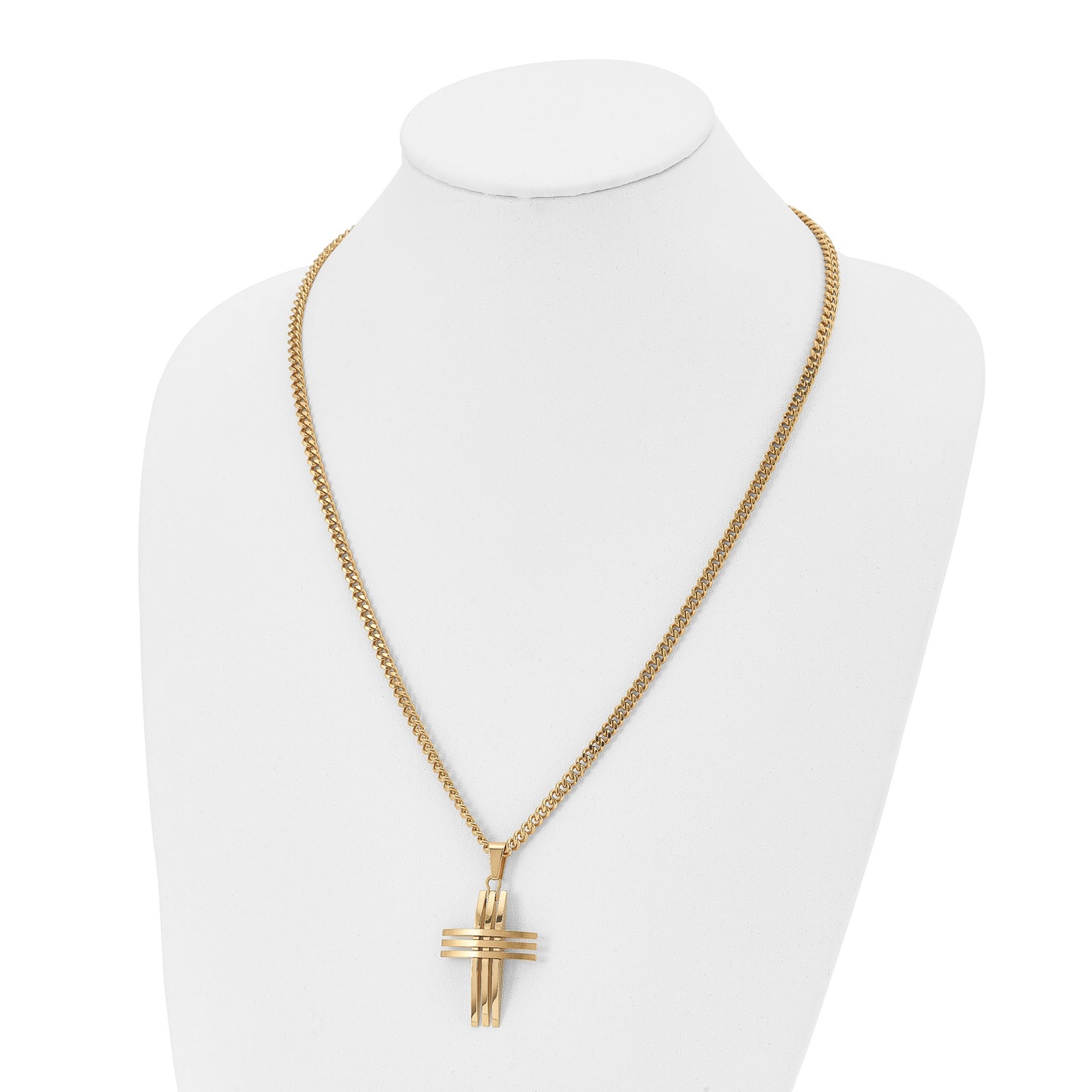 Stainless Steel Chisel Brushed And Polished Yellow Ip-Plated Cross Pendant On A 24 Inch Curb Chain Necklace