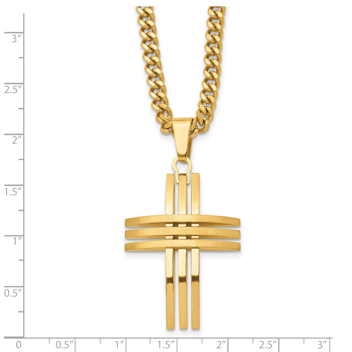 Stainless Steel Chisel Brushed And Polished Yellow Ip-Plated Cross Pendant On A 24 Inch Curb Chain Necklace