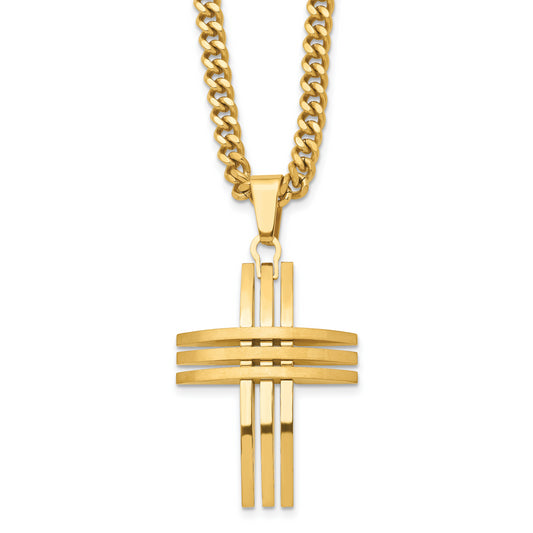 Stainless Steel Chisel Brushed And Polished Yellow Ip-Plated Cross Pendant On A 24 Inch Curb Chain Necklace