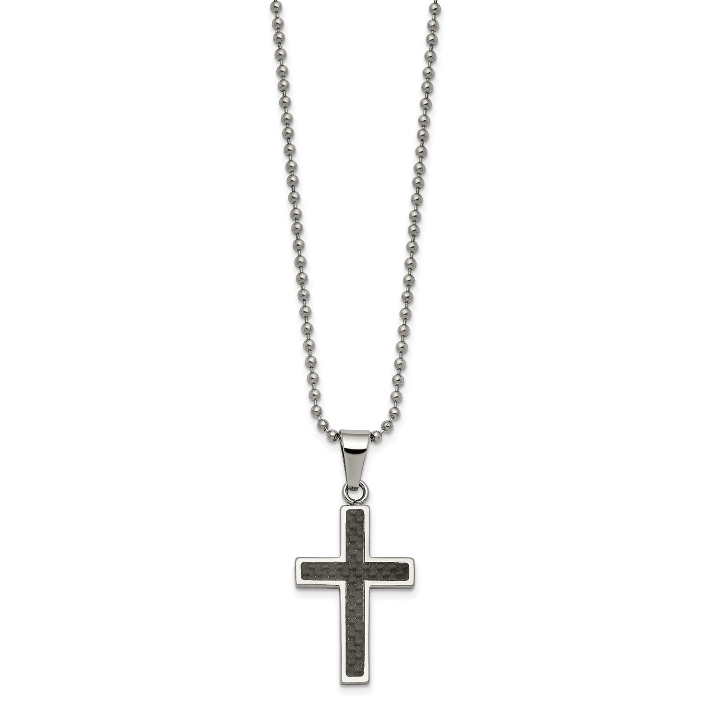 Stainless Steel Chisel Polished With Black Carbon Fiber Inlay Cross Pendant On A 22 Inch Ball Chain Necklace