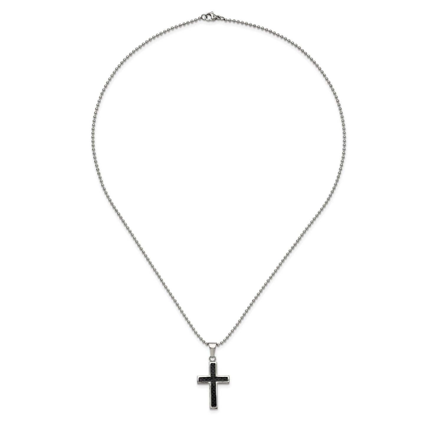 Stainless Steel Chisel Polished With Black Carbon Fiber Inlay Cross Pendant On A 22 Inch Ball Chain Necklace