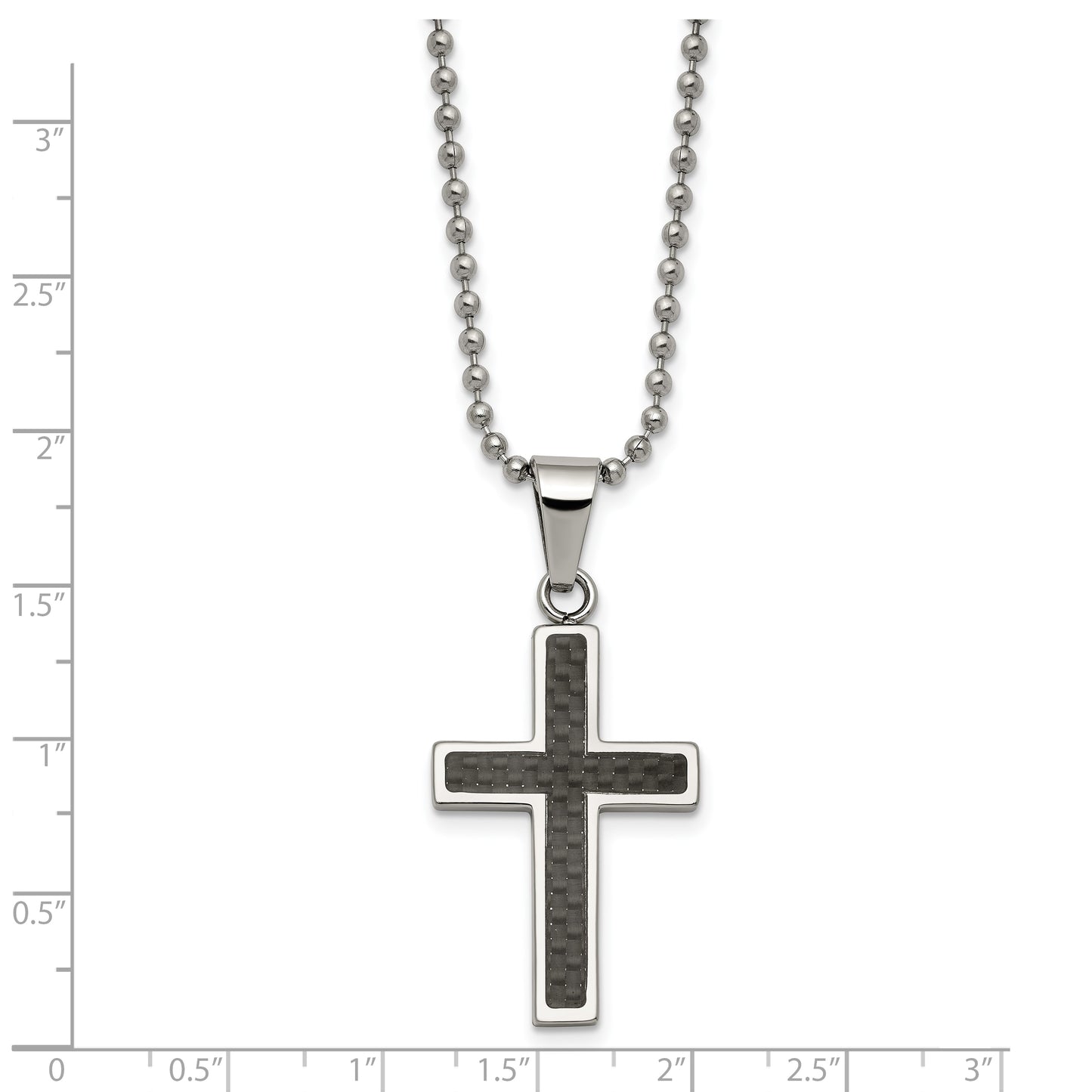 Stainless Steel Chisel Polished With Black Carbon Fiber Inlay Cross Pendant On A 22 Inch Ball Chain Necklace