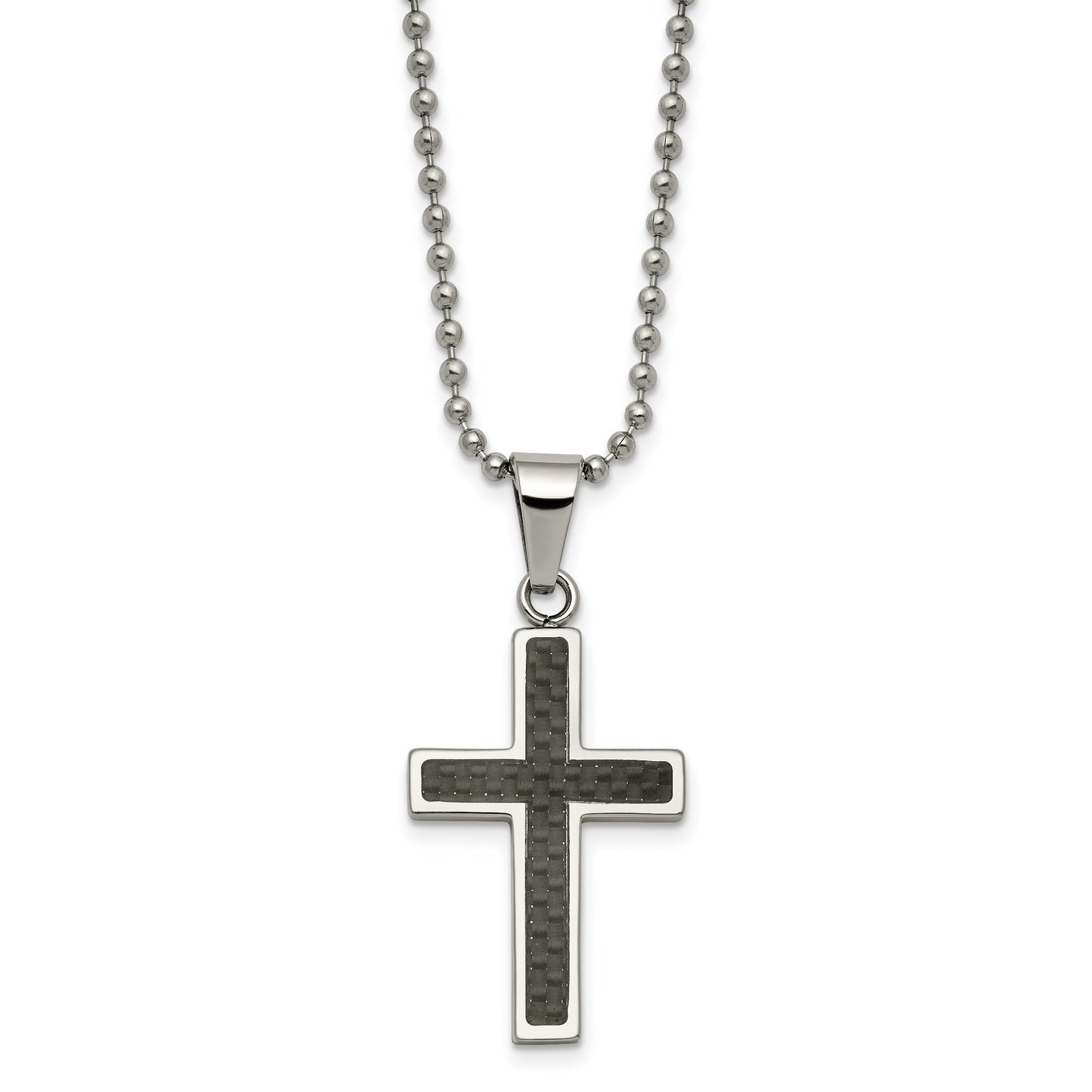 Stainless Steel Chisel Polished With Black Carbon Fiber Inlay Cross Pendant On A 22 Inch Ball Chain Necklace