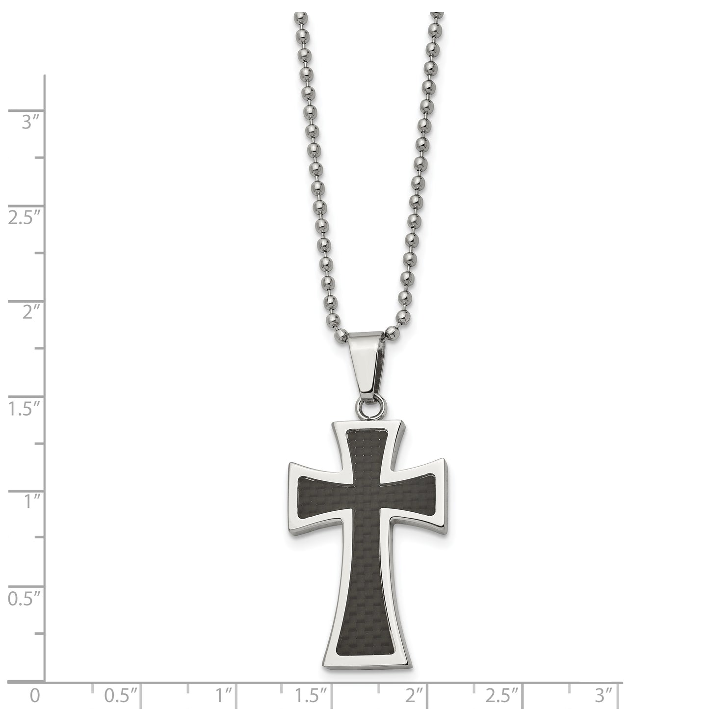 Stainless Steel Chisel Polished With Carbon Fiber Inlay Cross Pendant On A 22 Inch Ball Chain Necklace