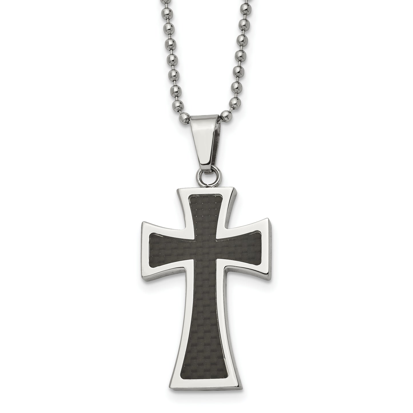 Stainless Steel Chisel Polished With Carbon Fiber Inlay Cross Pendant On A 22 Inch Ball Chain Necklace