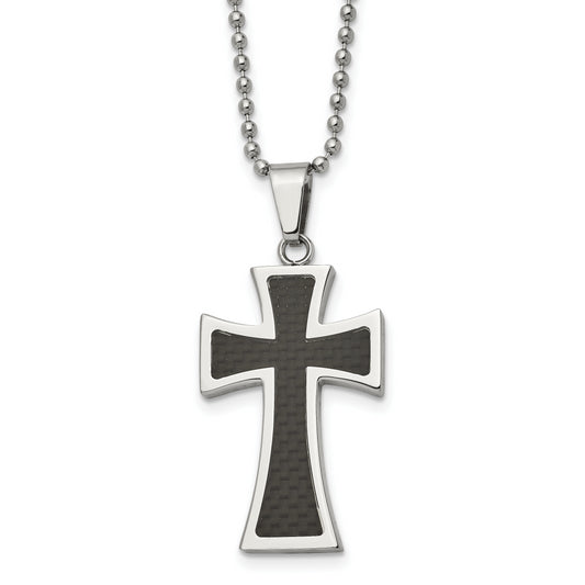 Stainless Steel Chisel Polished With Carbon Fiber Inlay Cross Pendant On A 22 Inch Ball Chain Necklace