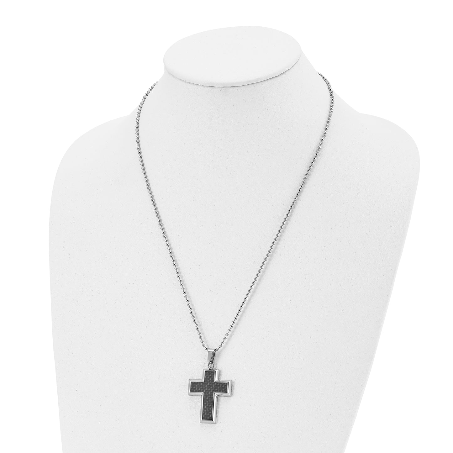 Stainless Steel Chisel Polished With Black Carbon Fiber Inlay Cross Pendant On A 22 Inch Ball Chain Necklace