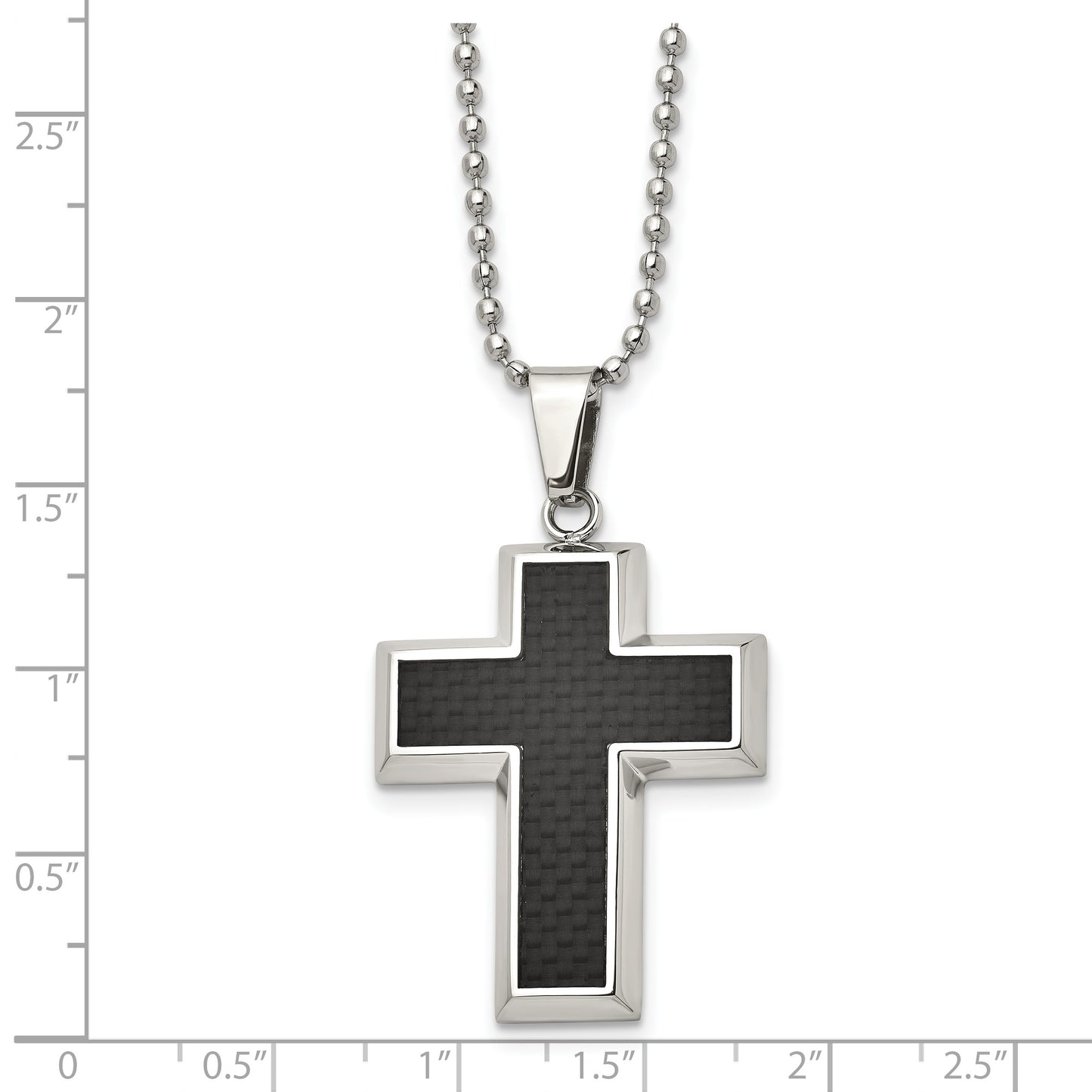 Stainless Steel Chisel Polished With Black Carbon Fiber Inlay Cross Pendant On A 22 Inch Ball Chain Necklace