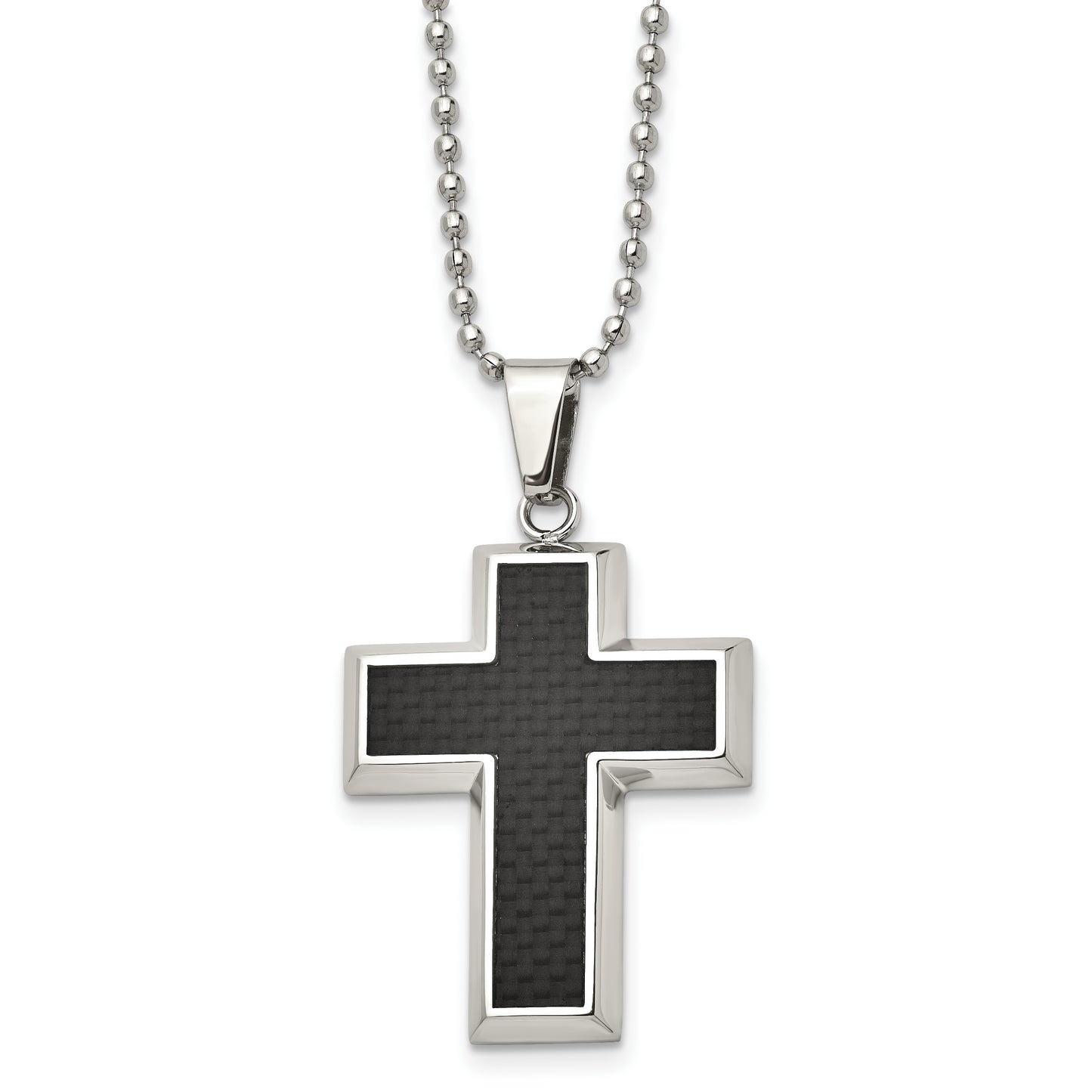 Stainless Steel Chisel Polished With Black Carbon Fiber Inlay Cross Pendant On A 22 Inch Ball Chain Necklace