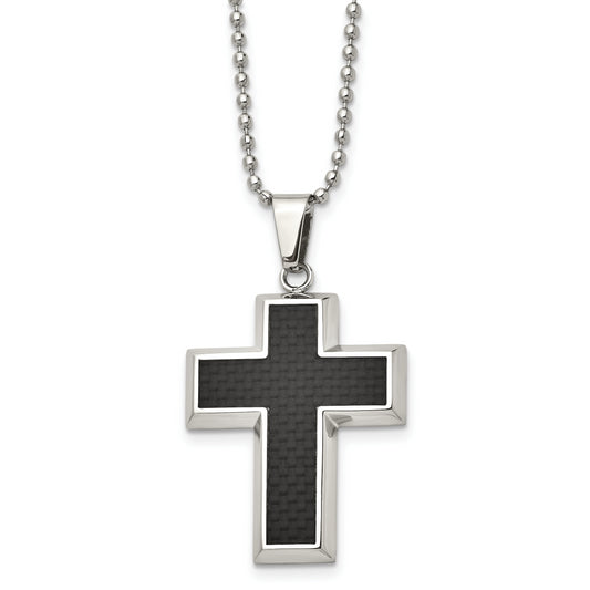 Stainless Steel Chisel Polished With Black Carbon Fiber Inlay Cross Pendant On A 22 Inch Ball Chain Necklace