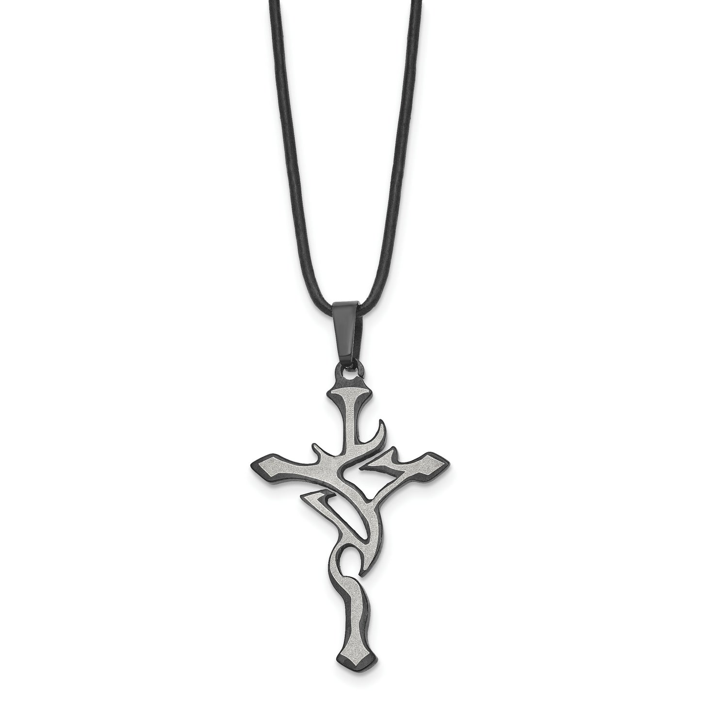 Stainless Steel Chisel Brushed And Polished Black Ip-Plated Cross Pendant On An 18 Inch Leather Cord Necklace