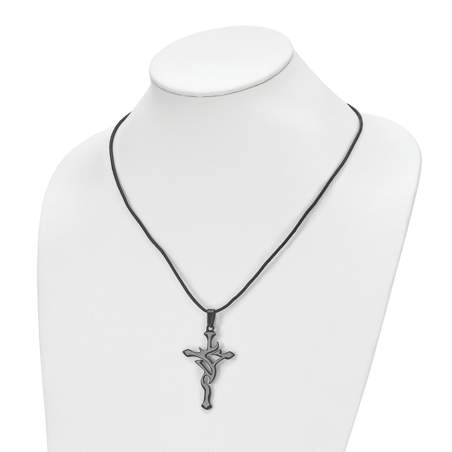 Stainless Steel Chisel Brushed And Polished Black Ip-Plated Cross Pendant On An 18 Inch Leather Cord Necklace